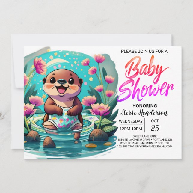 Whimsical Otter Digital Baby Shower Inbjudningar (Framsida)