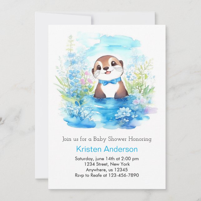 Whimsical Otter's Blue Blommigt Boy Baby Shower Inbjudningar (Framsida)