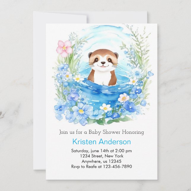 Whimsical Otter's Watercolor Boy Shower Inbjudningar (Framsida)