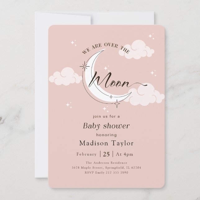 Whimsical Över månen rosa baby shower Inbjudningar (Framsida)