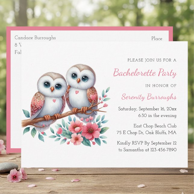 Whimsical Owl Couple Woodland Bachelorette Party Inbjudan Vykort (Skapare uppladdad)