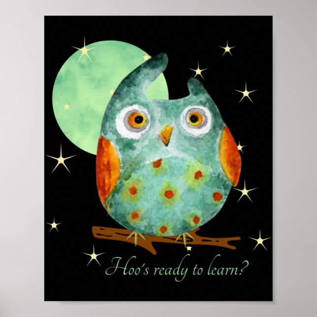 Whimsical Owl Watercolor Style Name School On Back Poster (Framsidan)