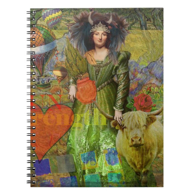 Whimsical Oxkvinna Celestial Kollage Fantasy Anteckningsbok Med Spiral (Framsidan)