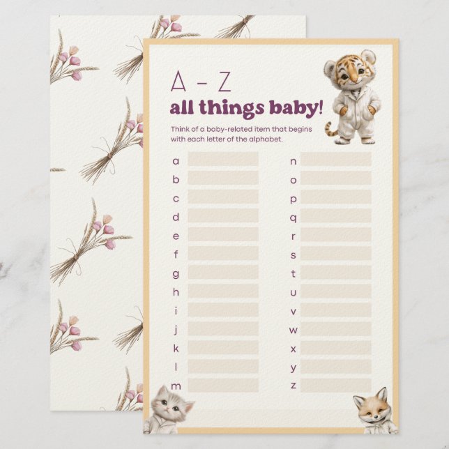 Whimsical Pajama Animals: All Things Baby Game  Brevpapper (Fram/baksida)