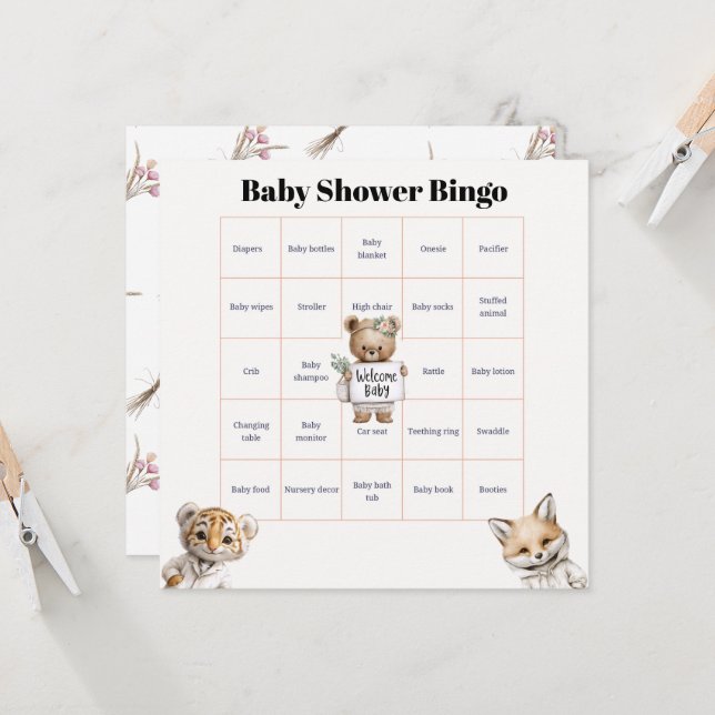 Whimsical Pajama Animals: Baby Shower Bingo Kort (Fram/Back In Situ)