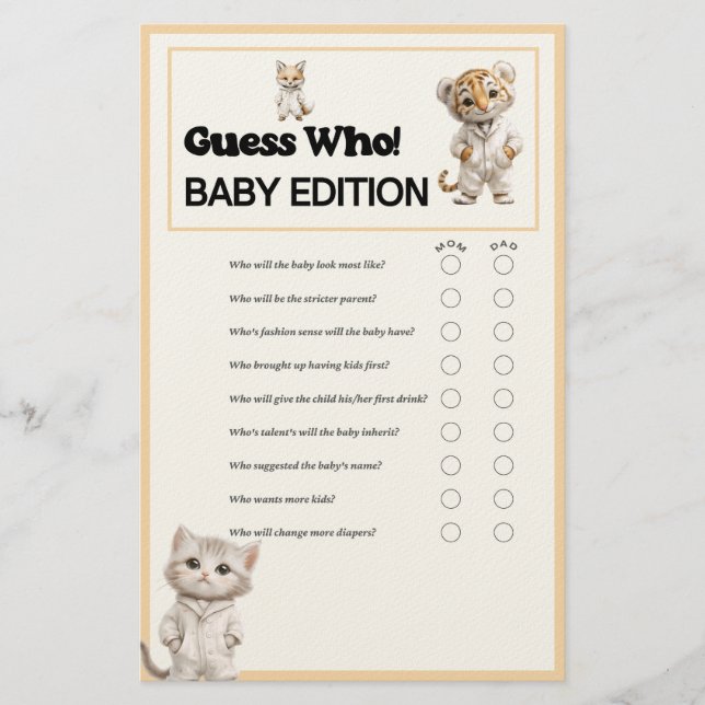 Whimsical Pajama Animals: Guess Who Baby Game  Brevpapper (Framsida)