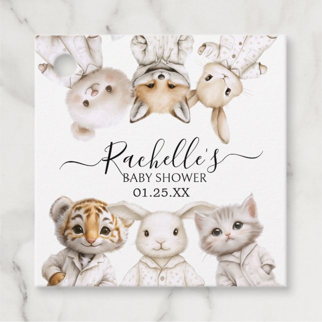 Whimsical Pajama Animals: Soft Pastel Party Accent Gåvor Etiketter (Framsida)