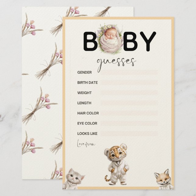Whimsical Pajama-djur: Baby-gissningsspel Brevpapper (Fram/baksida)