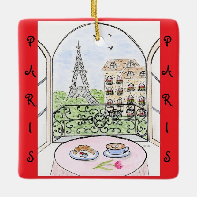 Whimsical Paris och Eiffeltornet Fransk Julgransprydnad Keramik (Framsida)