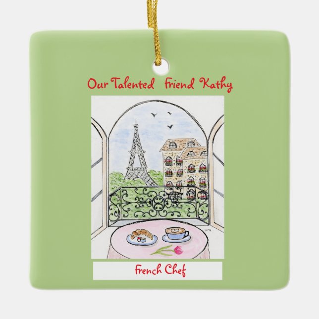 Whimsical Paris och Eiffeltornet Fransk kock Julgransprydnad Keramik (Framsida)