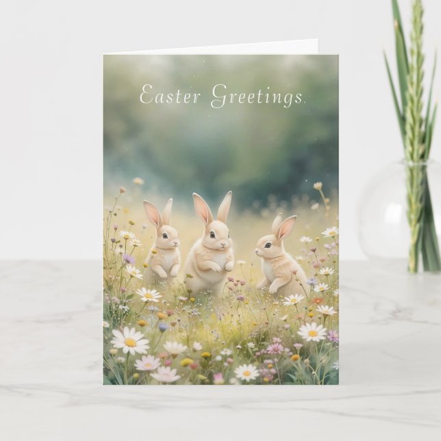Whimsical Påsk Meadow Springtime Bunny Helgkort (Framsida)