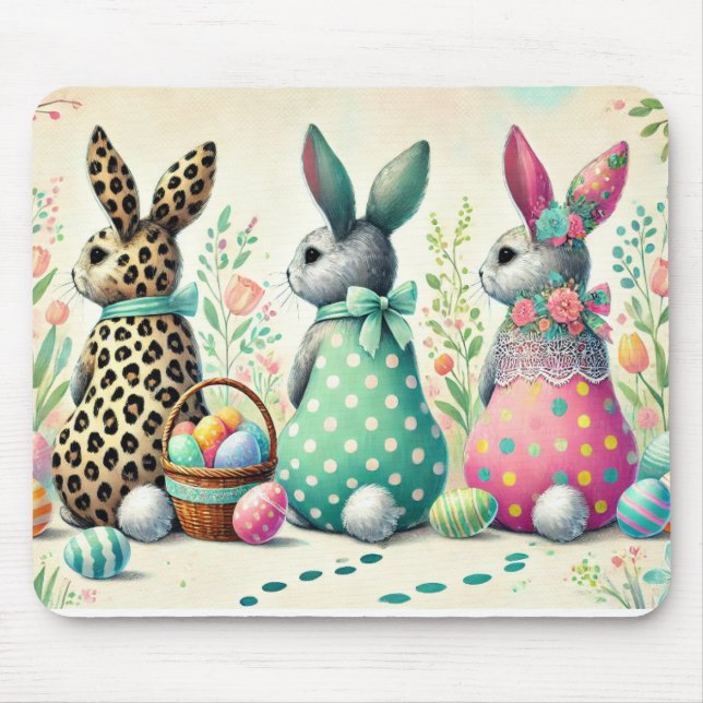 Whimsical Påsk Trio Patterned Bunnies Mouse Pad Musmatta (Framsidan)