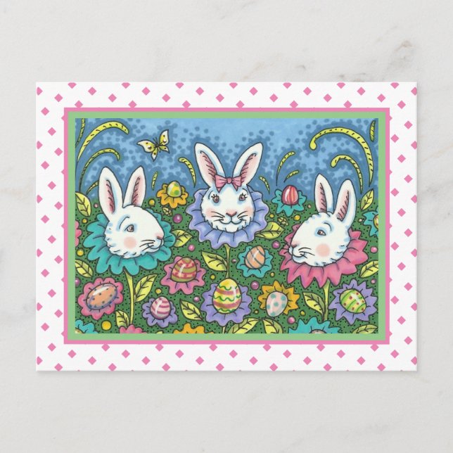 WHIMSICAL PÅSKÄGG GARDEN, BUNNY RABBIT FLOWES HELG VYKORT (Framsida)