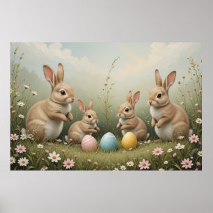 Whimsical påskkaniner i äng rustic pastel poster