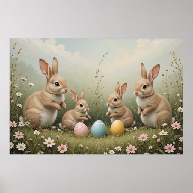 Whimsical påskkaniner i äng rustic pastel  poster (Framsidan)