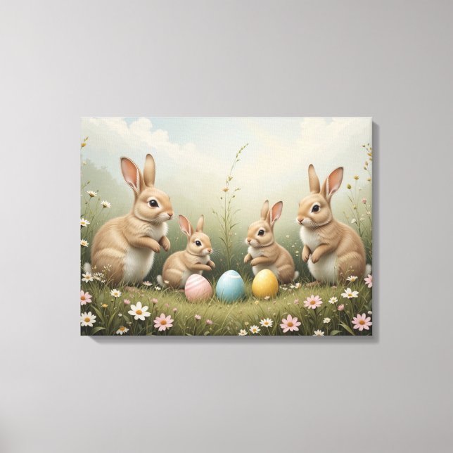 Whimsical påskkaniner i äng Rustik pastell  Canvastryck (Framsida)
