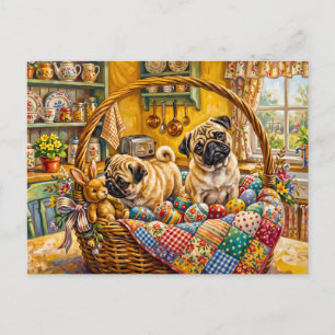 Whimsical påskkorg Mops Hund Illustration Helg Vykort
