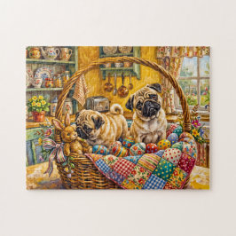 Whimsical påskkorg Mops Hundillustration Pussel