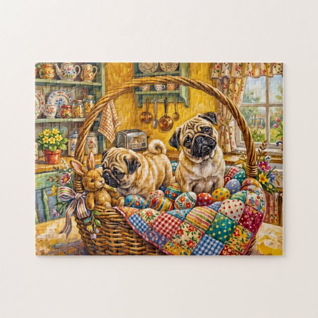 Whimsical påskkorg Mops Hundillustration Pussel (Horisontell)