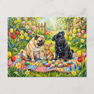 Whimsical påskpicknick Mops Hund Illustration Vykort