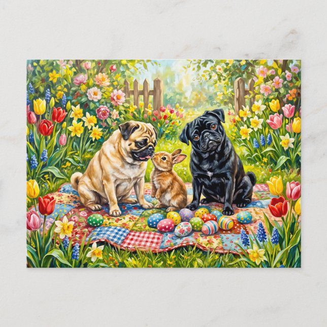 Whimsical påskpicknick Mops Hund Illustration Vykort (Framsida)