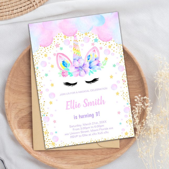 Whimsical Pastel Fantasy Party Card för flickor Inbjudningar (Purple Pink cloud Unicorn Invitations)