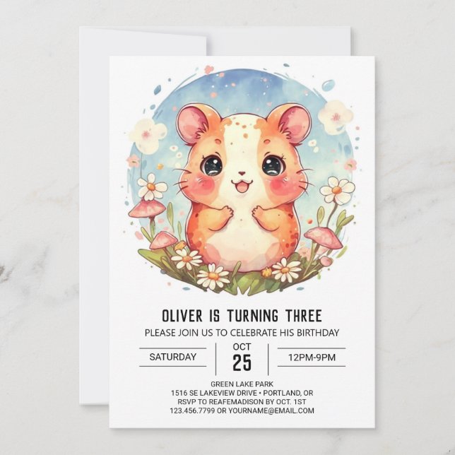 Whimsical Pastel Hamster Birthday Inbjudningar (Framsida)