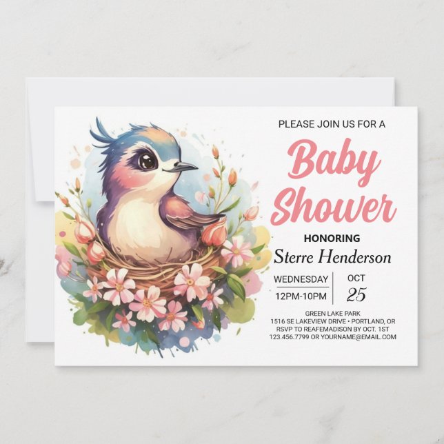 Whimsical Pastel Rosa Bird Baby Shower Inbjudningar (Framsida)