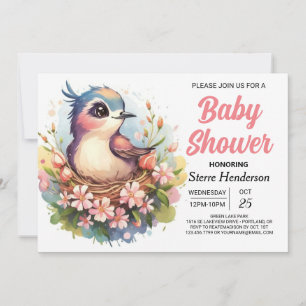 Whimsical Pastel Rosa Bird Baby Shower Inbjudningar