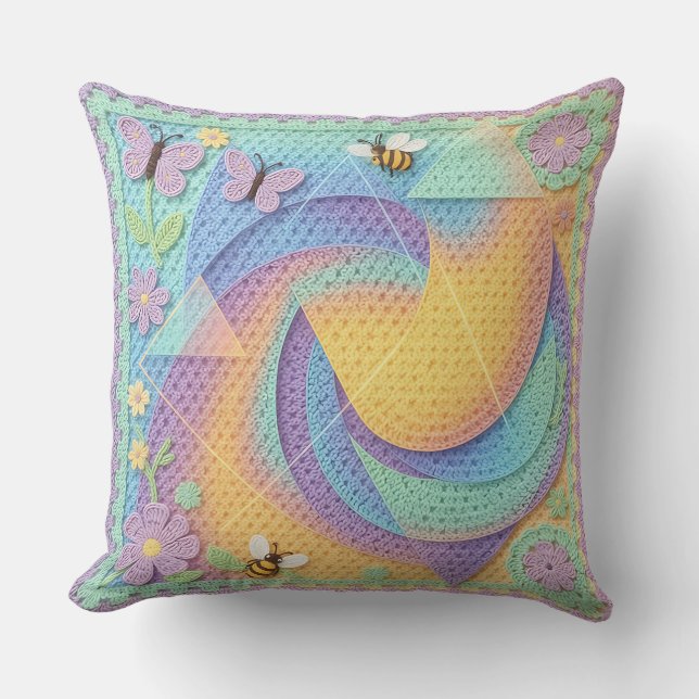 Whimsical Pastel Virkad Trädgårdsmönster  Kudde (Framsida)
