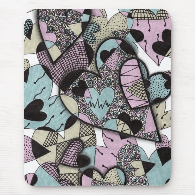 Whimsical Pastel Zentangle Hjärtan Doodle Mönster  Musmatta (Framsidan)