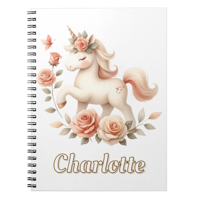 Whimsical pastell enhörning med rosor anteckningsbok (Framsidan)