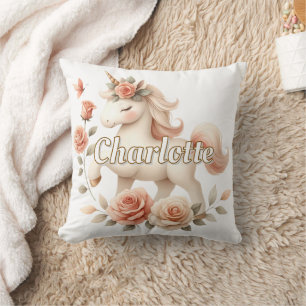 Whimsical pastell enhörning med rosor kudde