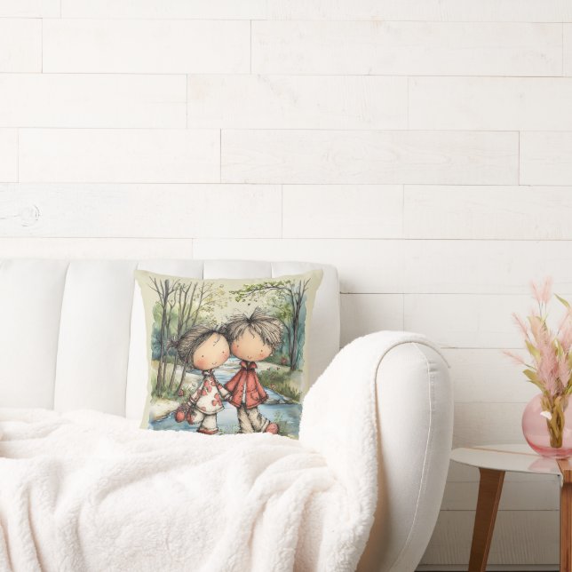 Whimsical Pastell Kärlekspar Ritning Kudde (Soffa)