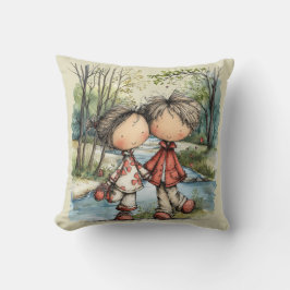 Whimsical Pastell Kärlekspar Ritning Kudde