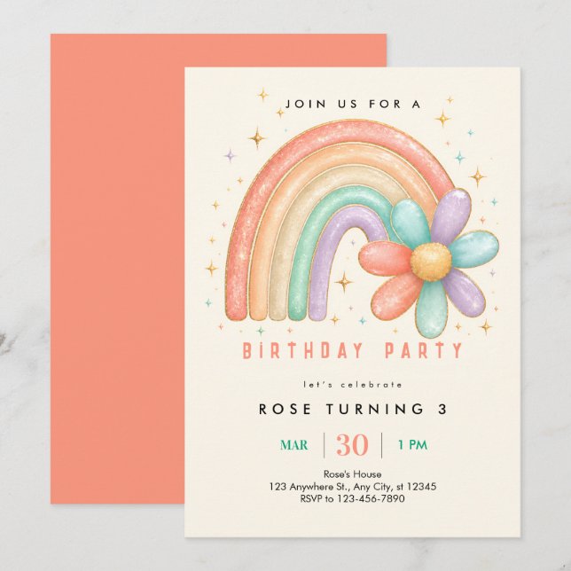 Whimsical Pastell Regnbåge 3-års Födelsedagsinbjud Inbjudningar (Fram/baksida)