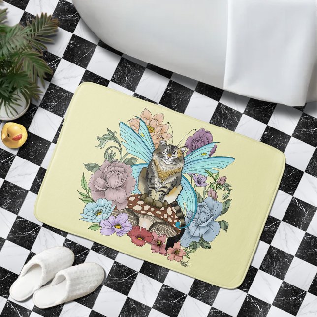 Whimsical Pastell Tabby Älgkatt Blommig Fantasy  Badrumsmatta (Skapare uppladdad)