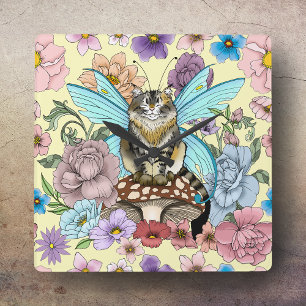 Whimsical Pastell Tabby Älvkatt Blommig Fantasy Fyrkantig Klocka