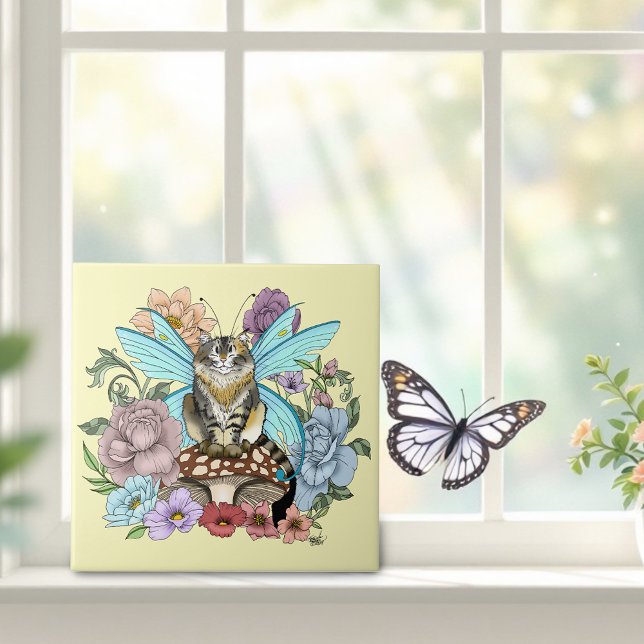 Whimsical Pastell Tabby Älvkatt Blommig Fantasy  Kakelplatta (Skapare uppladdad)