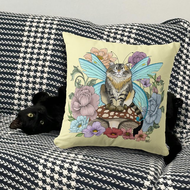 Whimsical Pastell Tabby Älvkatt Blommig Fantasy  Kudde (Skapare uppladdad)
