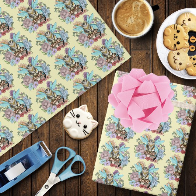 Whimsical Pastell Tabby Älvkatt Blommig Fantasy  Presentpapper (Skapare uppladdad)