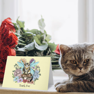 Whimsical Pastell Tabby Älvkatt Blommig Fantasy Tack Kort