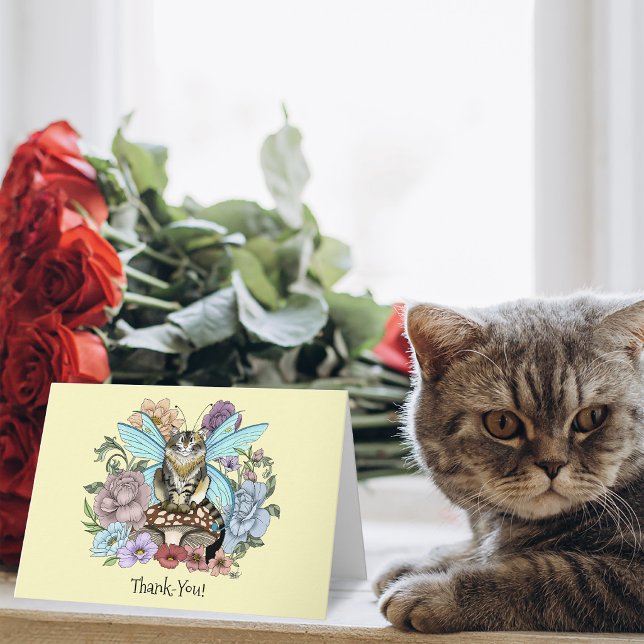 Whimsical Pastell Tabby Älvkatt Blommig Fantasy  Tack Kort (Skapare uppladdad)