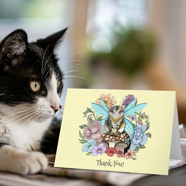 Whimsical Pastell Tabby Älvkatt Blommig Fantasy  Tack Kort (Skapare uppladdad)