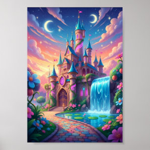 Whimsical Pastell Tvilling Måne Slott Vattenfall A Poster