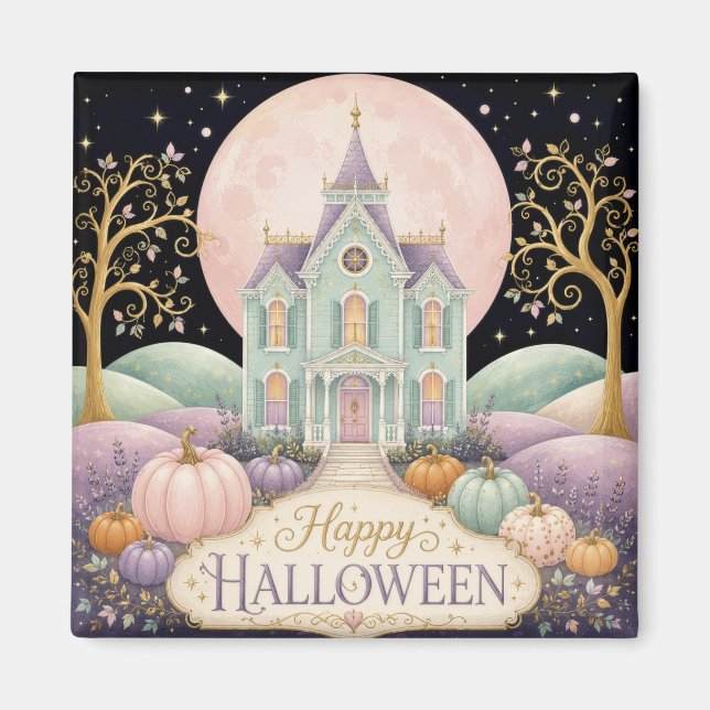 Whimsical Pastell Viktoriansk Spökhus Halloween Magnet (Framsidan)