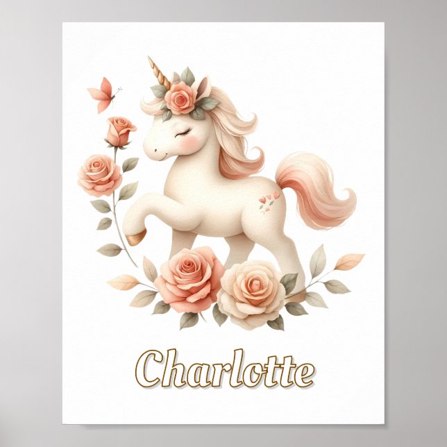 Whimsical pastellfärgad enhörning med rosor poster (Framsidan)
