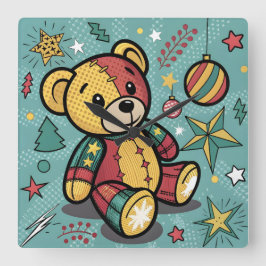 Whimsical Patchwork Christmas Teddy Bear Fyrkantig Klocka