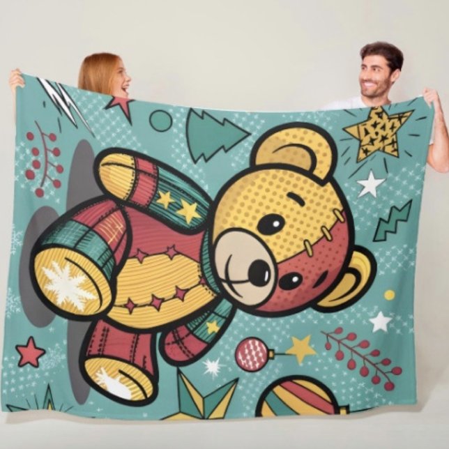Whimsical Patchwork Jul-Teddybjörn Fleecefilt (Fleece  blanket - soft and colourful available  in 3 different sizes.)