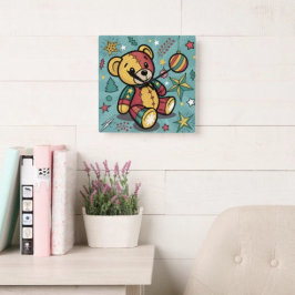 Whimsical Patchwork Jul Teddybjörn Fyrkantig Klocka